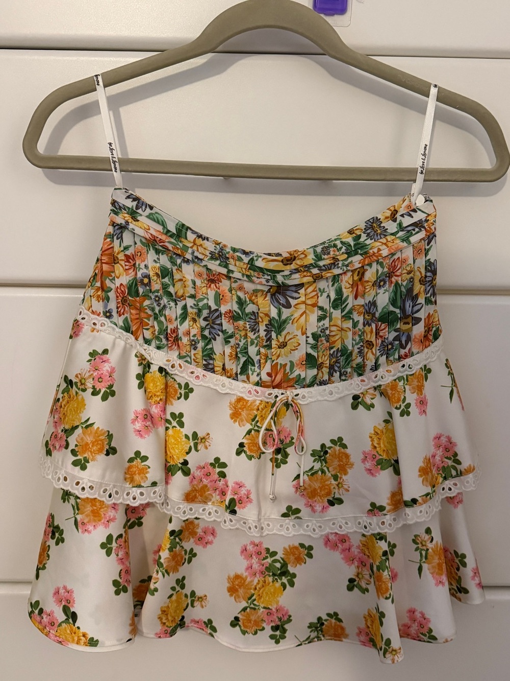 For Love & Lemons White Floral Tiered Mini Skirt with Yellow and Pink Blooms